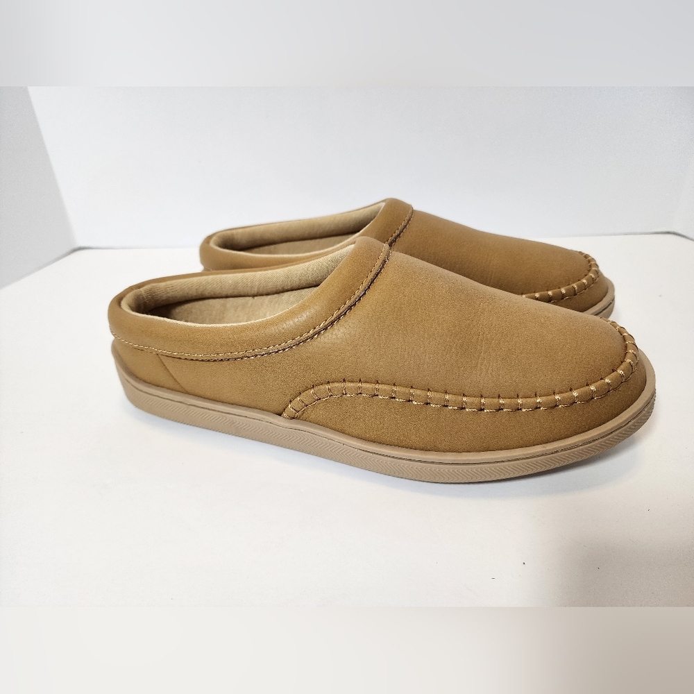 MySlippers Womens 8 Tan Leather Slip‎ On Moccasin House Shoes Indoor Outdoor